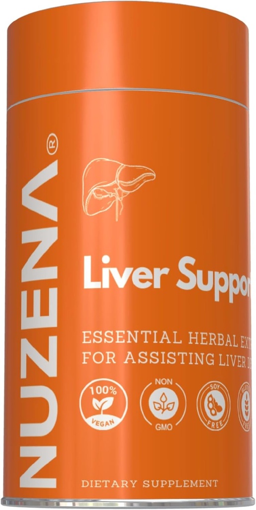 Nuzena leverstøtte +, Milk Thistle Silybum Marianum, gurkemeje, Mælkebøtte Root & Artichoke Extract med essentielle vitaminer, pakke med 60 leverhelbredskapsler, Lavet i USA