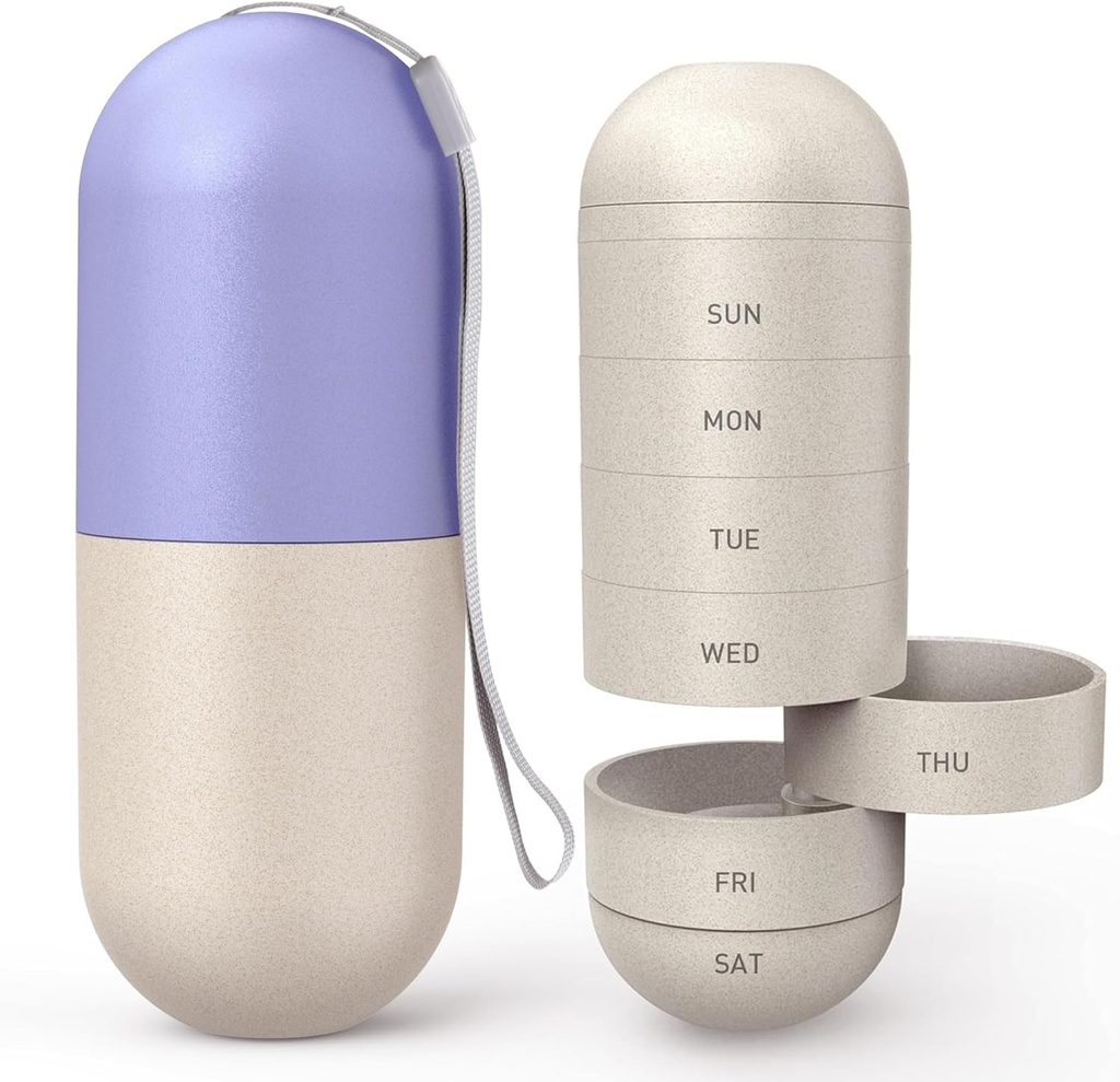 Zannaki Upgrade Large Compartment Grain Fiber Moisture Proof Cute Weekly Pill Organizer, Laser Carving Markings, BPA Free Travel Hiking 7 Day Pill Box Case to Hold Pills,Vitamins,Fish Oil,Supplements