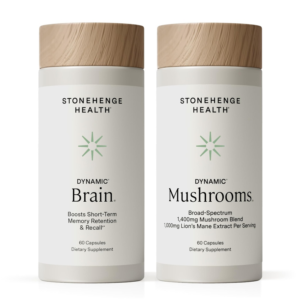 Stonehenge Health Dynamic Brain + Dynamic Mushrooms Bundle Memory Acquisition, Retention, & Recall med 40 Unique Nootrop Brain & Immunsystem Support