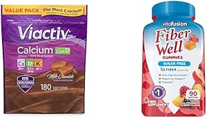 Viactiv Calcium Plus D-vitamin Supplement Soft Chews, Brown, Milk Chocolate, 180 Greve & Viafusion Fiber Godt Sukker Free Fiber Supplement, Peach, Jordbær og BlackBerry Flavored