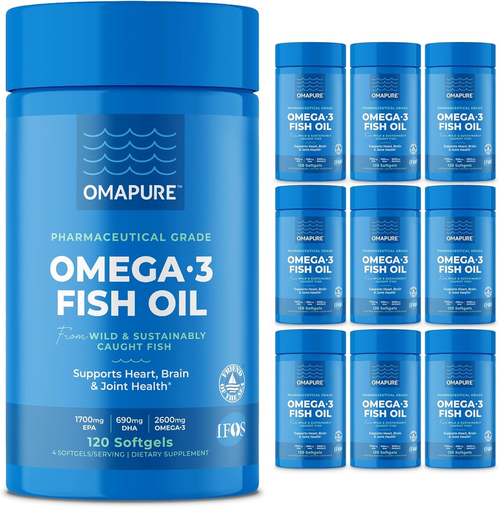 OMAPURE Wild Fanget Omega-3 Kosttilskud med høj EPA & DHA (10 flasker, 120 Softels) - Burpless Formel Understøtter hjerte & fælles sundhed, fremmer hjerne funktion