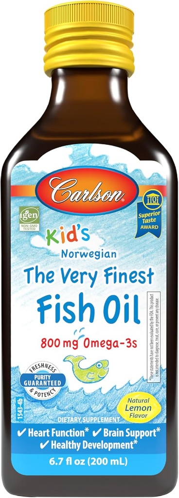 Carlson - Kid 's The Very Finest Fish Oil Liquid, 800 mg Omega- 3s, Norwegian, Wild- Caught Fish Oil, Omega 3 Væske til børn, bæredygtigt sømmet, Lemon, 200 ml
