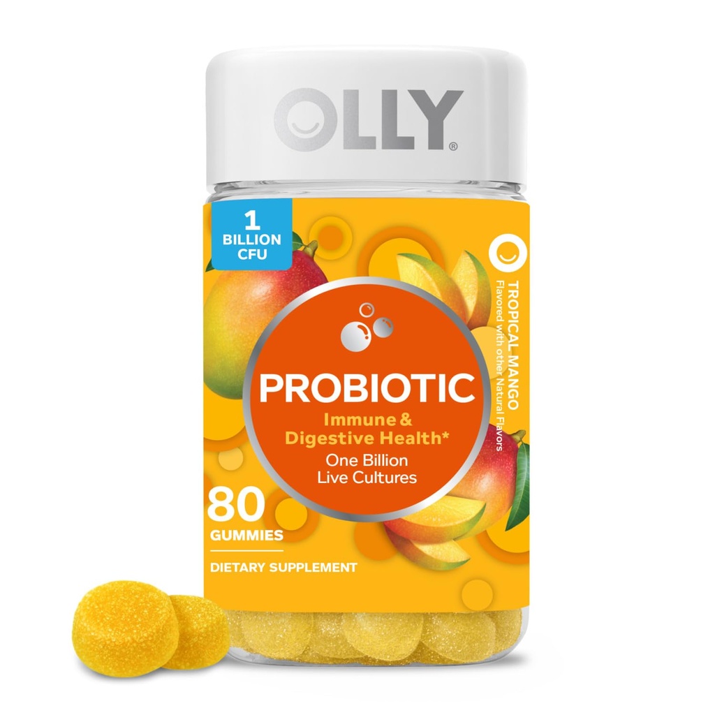 OLLY Probiotisk Gummy, 1 Millioner CFU 'er, Immun og fordøjelsesstøtte, Chewable Probiotic Supplement, Mango, 80 Greve