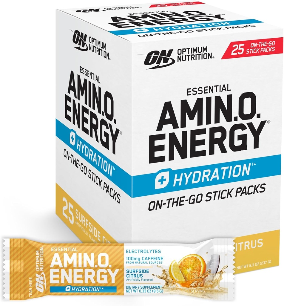 Optimum Nutrition Amino Energy Plus Hydration Pakker, On- The- Go Caffiene Stick Packs, Surfside Citrus, 25 Greve
