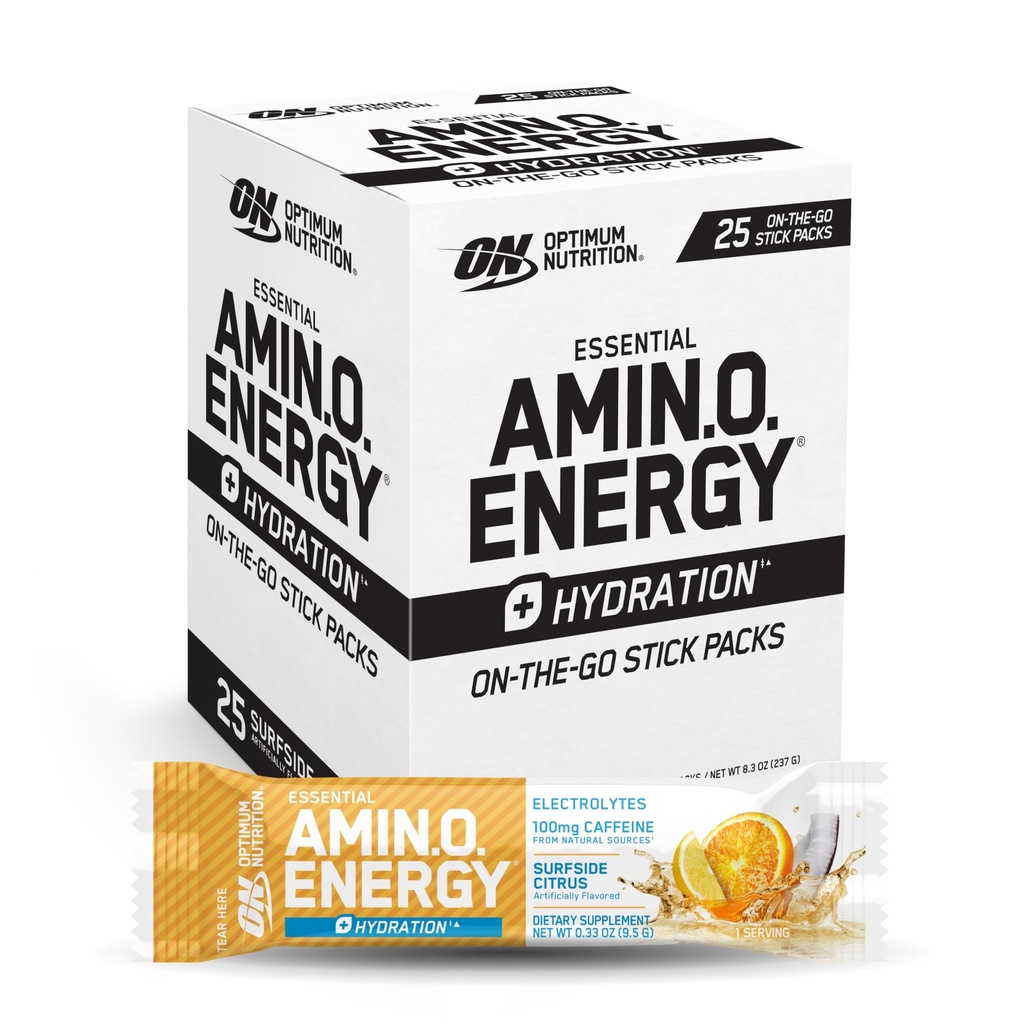 Optimum Nutrition Amino Energy Plus Hydration Pakker, On- The- Go Caffiene Stick Packs, Surfside Citrus, 25 Greve