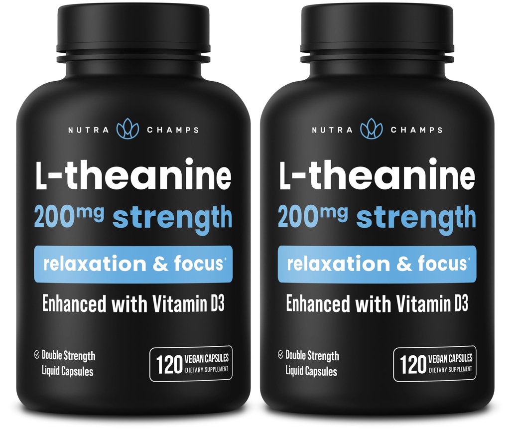 NutraChamps L- Theanine 200mg kapsler, Double- Strength L- Theanine væske med D3- vitamin, Organic Coconut Oil, 120 Vegan kapsler (pakning med 2)