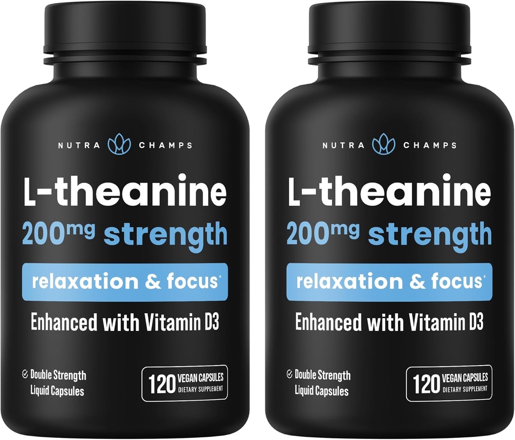NutraChamps L- Theanine 200mg kapsler, Double- Strength L- Theanine væske med D3- vitamin, Organic Coconut Oil, 120 Vegan kapsler (pakning med 2)