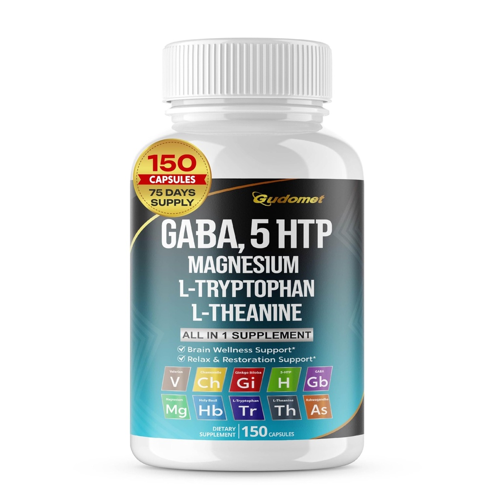 GABA 5- HTP L- Tryptophan L- Theanine Vitamin D3 Vitamin B6 Holy Basil Valerian Kamille Ginkgo Biloba Ginger -150 Capsules - Made in USA