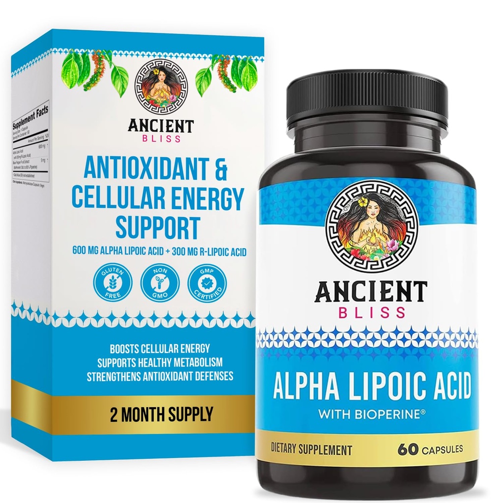 Ancient Bliss Alpha Lipoic Acid Supplement, Antioxidant and Energy Support, ALA Supplement med Bioperine, No Gluten and Soy, 600mg per Serving, 60 Vegan Kapsler