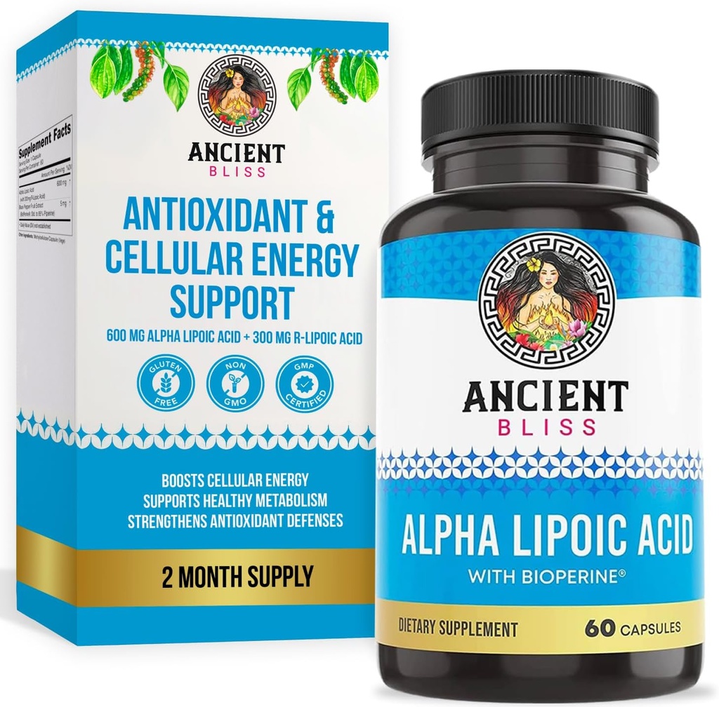 Ancient Bliss Alpha Lipoic Acid Supplement, Antioxidant and Energy Support, ALA Supplement med Bioperine, No Gluten and Soy, 600mg per Serving, 60 Vegan Kapsler