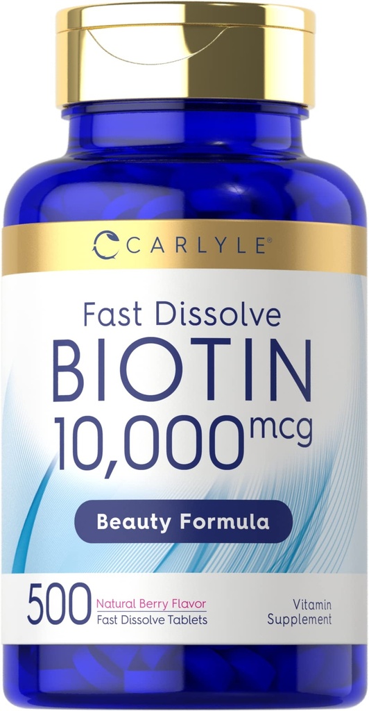 Carlyle Biotin 10,000mcg • 124; 500 Fast Opløs tabletter • 124; for hår, hud og negle • 124; Maksimal styrke • 124; Vegetarisk, Non- GMO, Gluten Free Supplement
