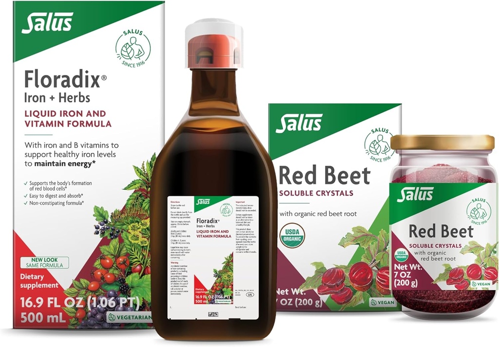 Floradix Jern & Urter (16.9 oz) & Salus Red Beet krystaller (7 oz) - Jern supplement til sund energistøtte * & Økologisk næringsværdi Beet Root Drink Mix