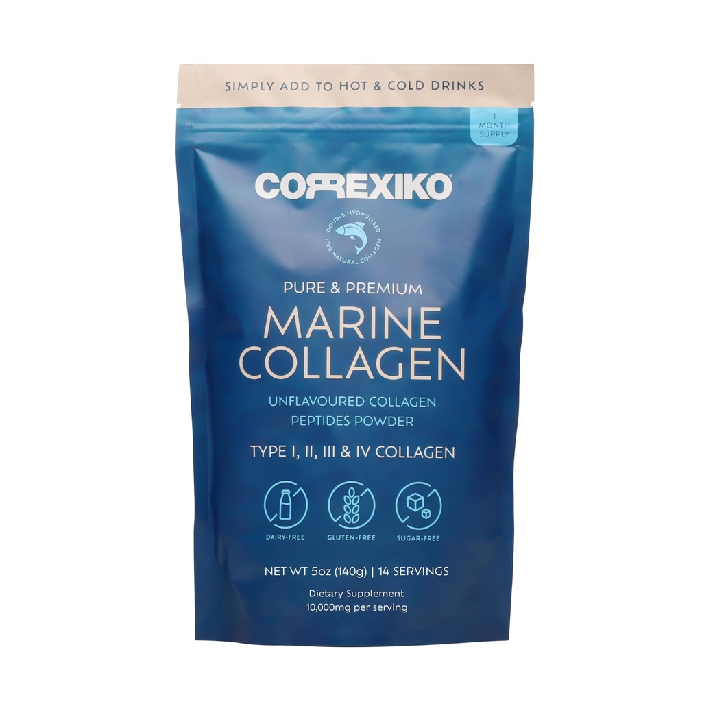 CORREXIKO Marine Collagen pulver supplement Unflavored - 10,000mg Dobbelt hydrolyseret collagen peptider per servering - Formuleret til maksimal absorption - hår, hud & negle - 5oz, 14 Servere