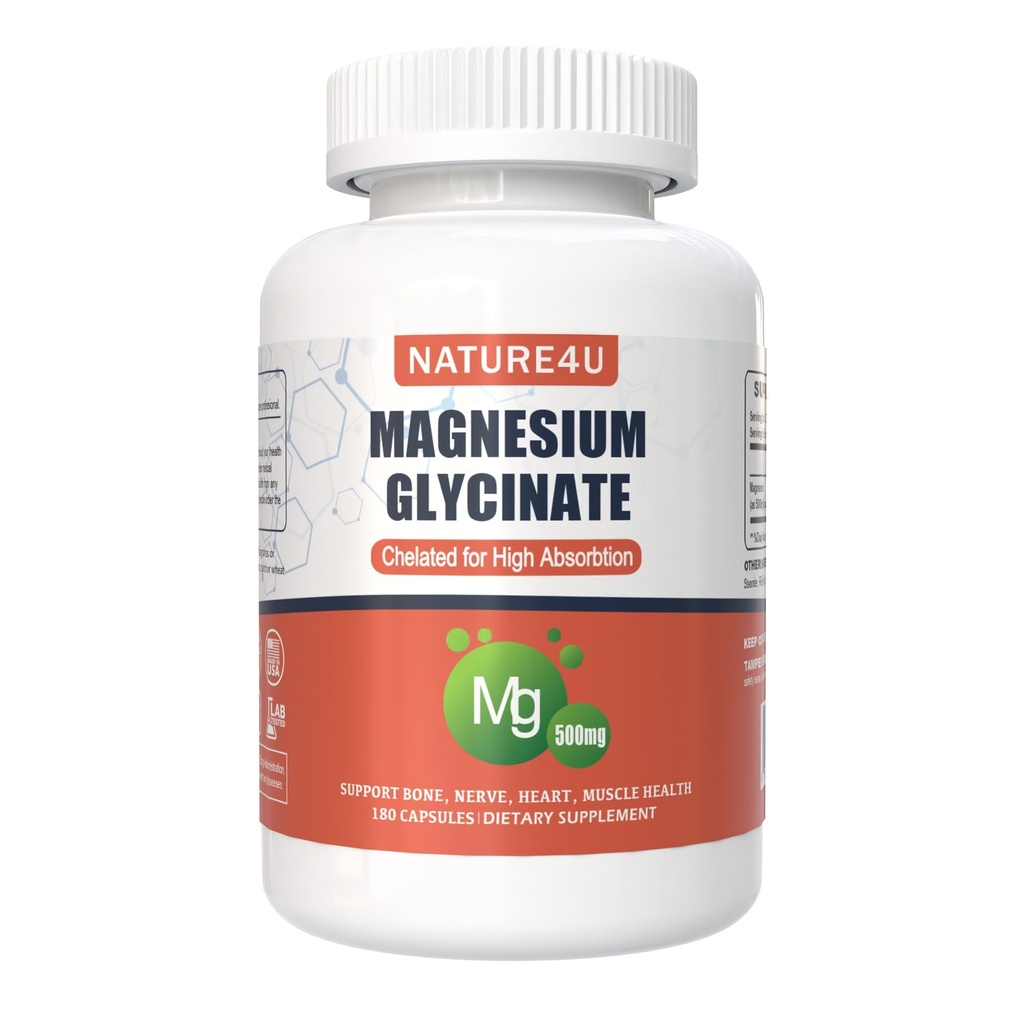 Magnesium Glycinat 500 mg, 100% chelat til høj absorption Magnesiumsupplement til søvn, muskel, hjerte, aldrig og ben Support, 180 kapsler