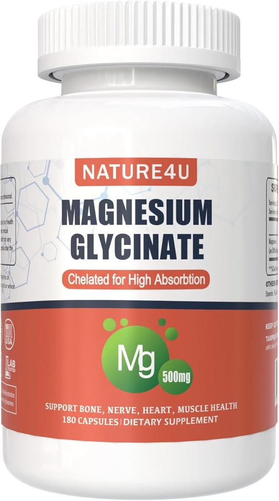 Magnesium Glycinat 500 mg, 100% chelat til høj absorption Magnesiumsupplement til søvn, muskel, hjerte, aldrig og ben Support, 180 kapsler