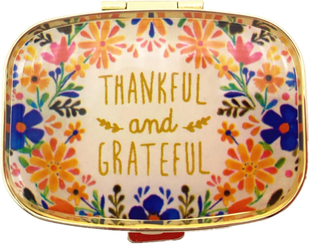 AmyZone Metal Pill Organizer Travel Friendly Portable Compact Pill Box 2 Compartments Pill Case at holde Vitaminer / Tylenol / Fish Oil / Kosttilskud / Meds / Tablet til Purse / Pocket (Taksigelig og Grateful)