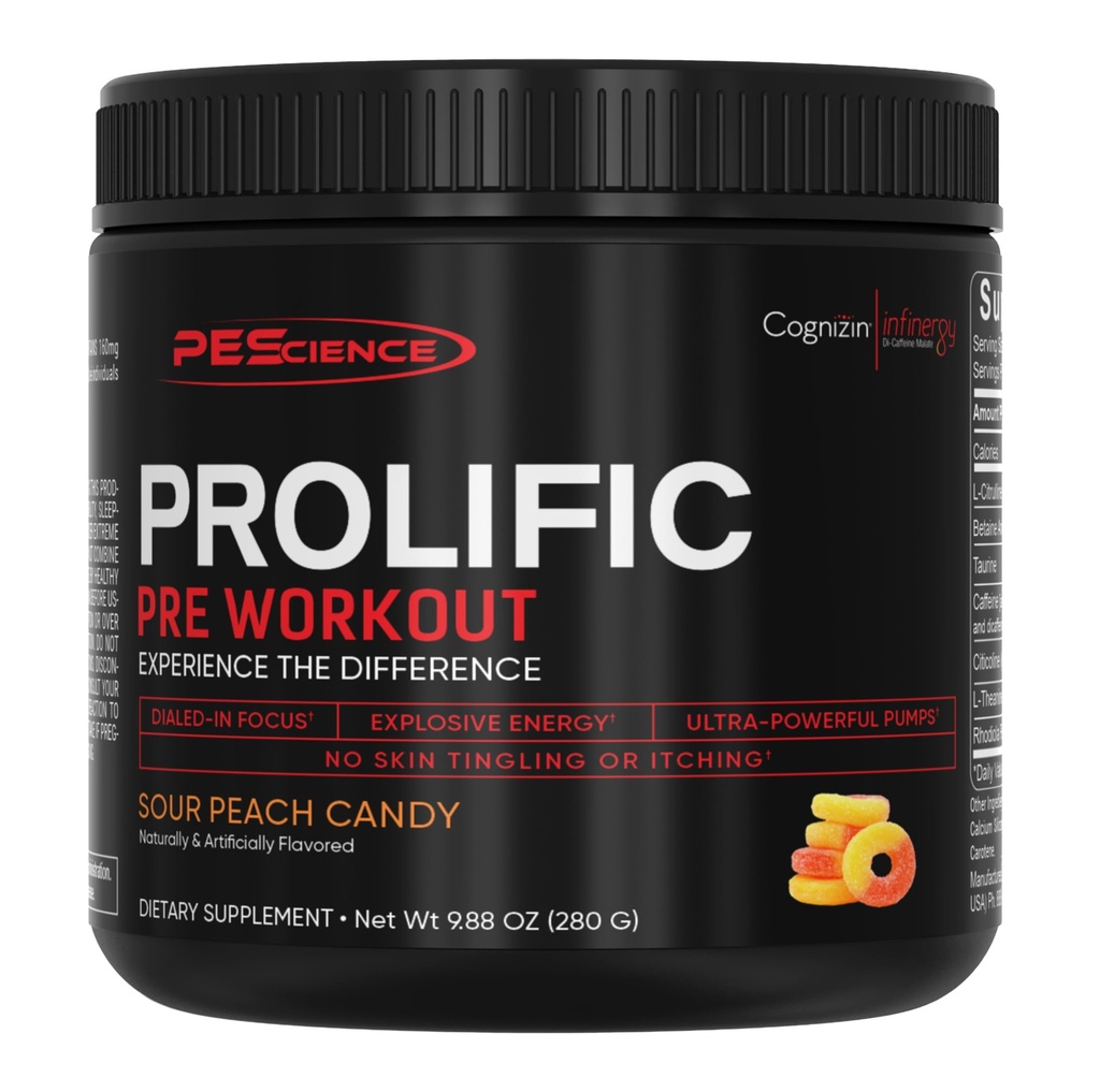 PEScience Prolific Pre Workout Pulver til mænd og kvinder med L- Citrullin Nitroxide Booster, Energy Powder & Nootrop for Focus - Fortræning uden Beta Alanine - 40 Scoops, Sour Peach Candy