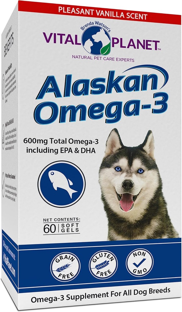 Vital Planet - Alaska Omega-3 Fish Oil Supplement til hunde med 600 mg Omega-3, High in DHA og EPA fra bæredygtigt hafted Wild Caught Cold Water Fish, 60 Vanilla Softels