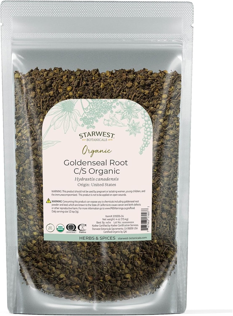 Starwest Botanicals Organic Goldenseal Root - Tørret løv urt til te, urteblandinger, & madlavning, Pure & Natural Hydrastis Canadensis, Cut & Sigted, Certified Kosher, Non- GMO - 4 oz Pouch