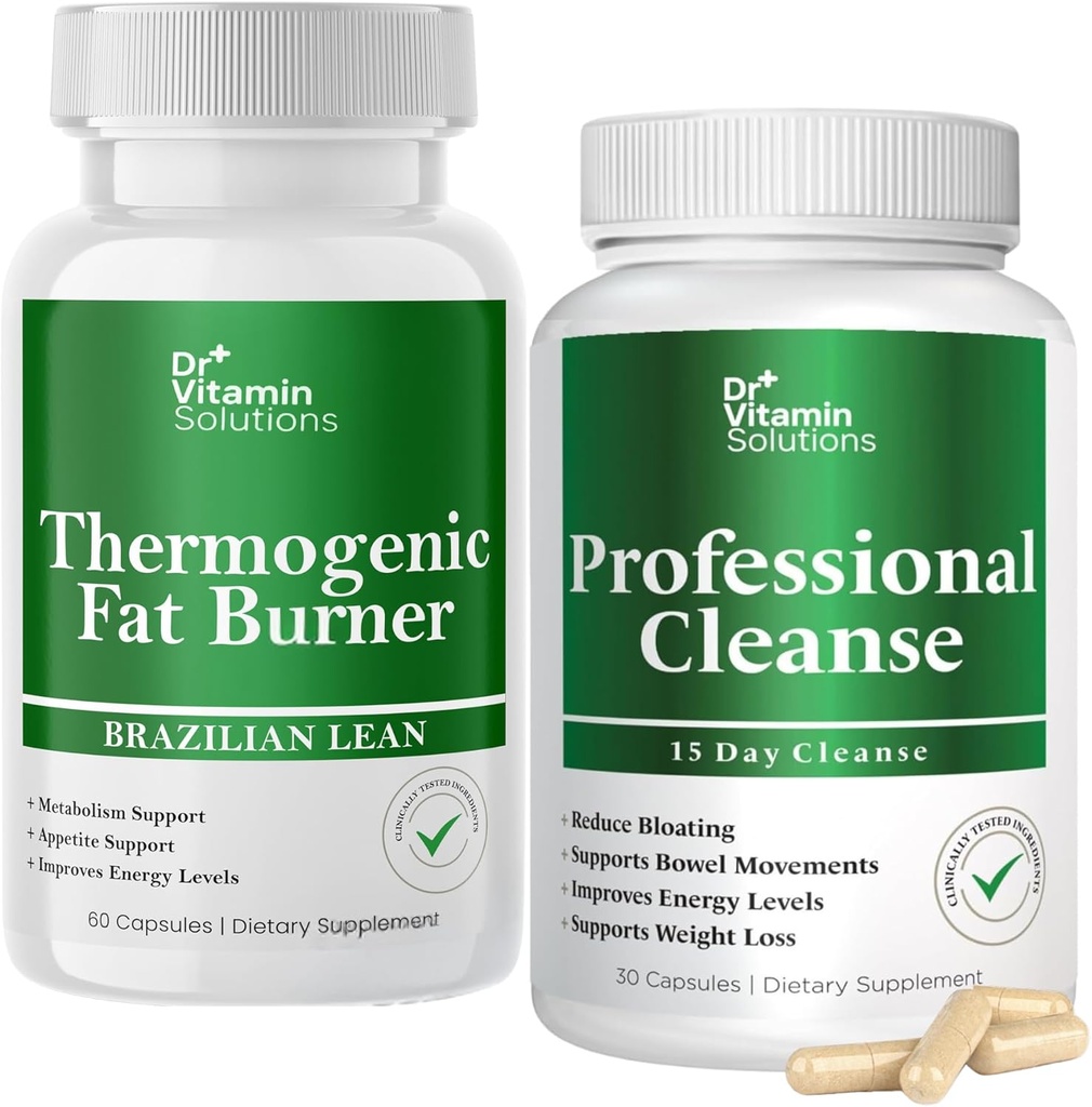 DRA VITAMIN LØSNINGER Termogen Fat Burner og Detox Cleanse Bundle - 15 dages rengøring for vægttab, Gut Sundhed, og Bloating Relief - 90 kapsler