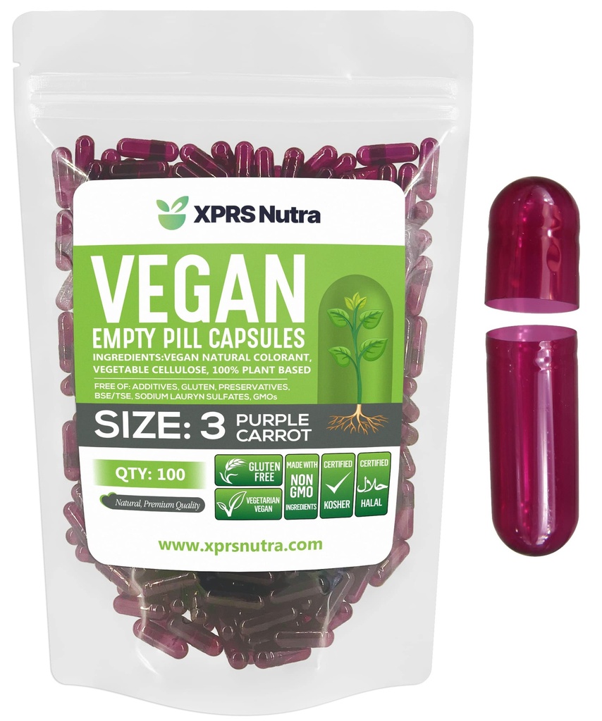 XPRS Nutra Størrelse 3 Tomme kapsler - 100 Grev Tomme Vegansk - Vegetariske Tomme piller - DIY Vegetabilske Kapsler Fyldning - Veggie Pill Caps (lilla gulerod)