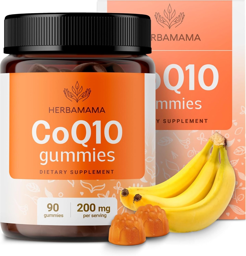HERBAMAMA CoQ10 Gummies - 200mg Coenzym Q10 til Antioxidant Support - Vegan, Non- GMO Daily Energy Support Supplement - 90 Pectin- Based Banana - Flaged Chews