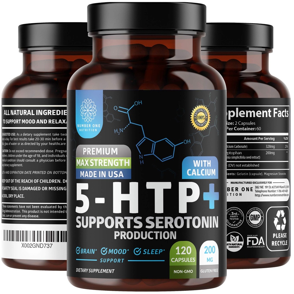 N1N Premium 5- HTP 200mg Plus Calcium, Lavet af Griffonia Seed Extract, Non GMO and Gluten Free, 120 Caps