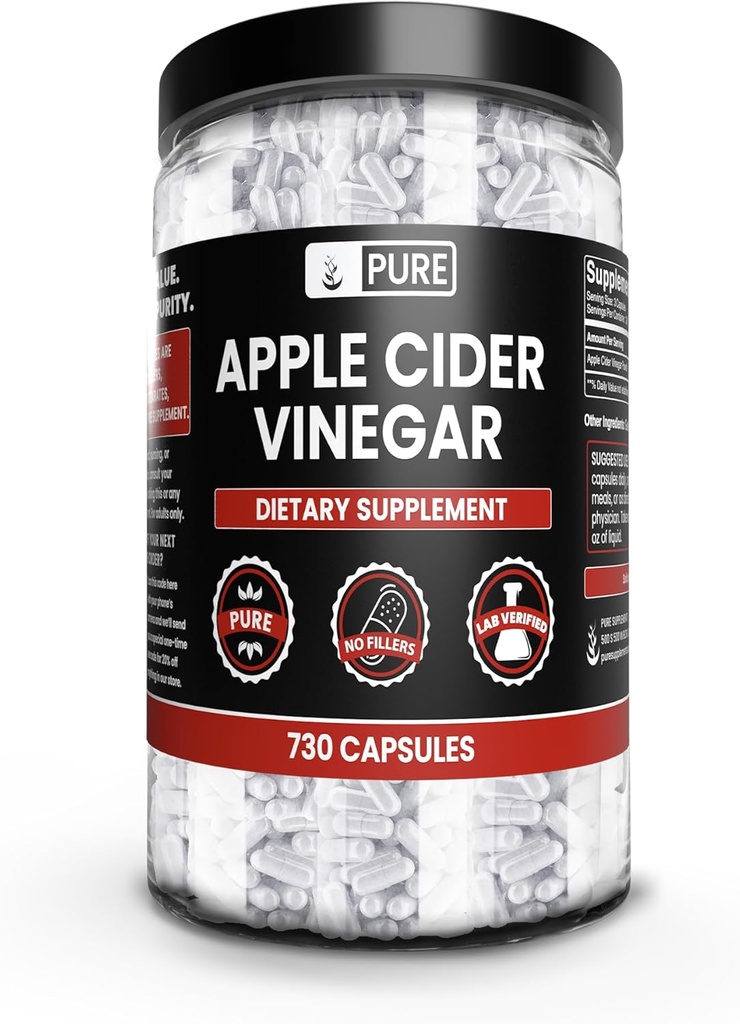 PURE ORIGINALSKE INGREDIENSER Apple Cider Vinamenter (730 kapsler) Ingen Magnesium eller ris Fyldere, altid ren, Lab Verified
