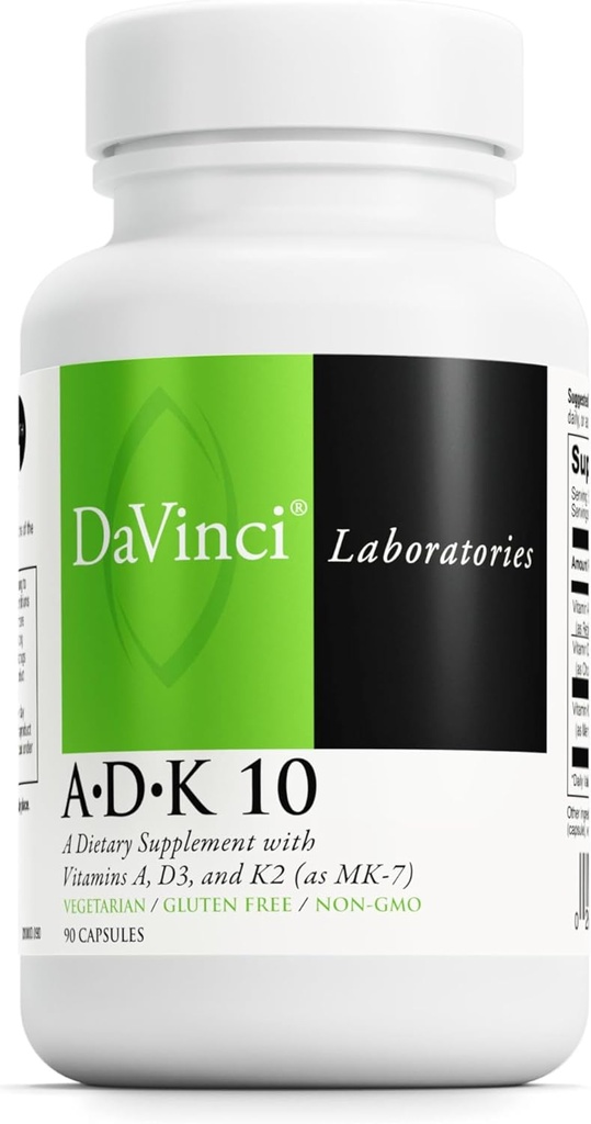 DAVINCI Labs ADK 10 - Hjælper support ben, hjerte og immunforsvar - Kosttilskud med vitaminer A, D3 & K2 (som MK-7) - Vegetar, Gluten Free & Soy Free - 90 kapsler