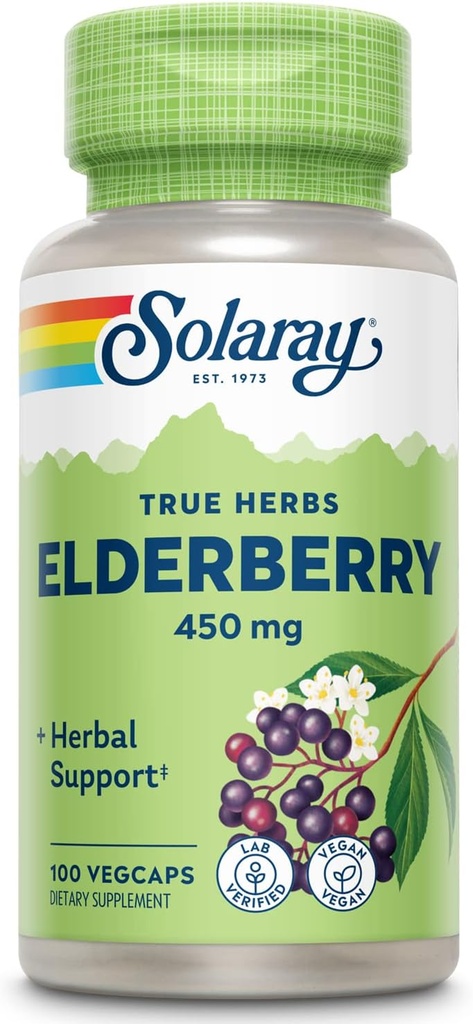 SOLARAY Elderberry Berry & Flower 450mg MSD 124; Støtte til generel velvære under kolde måneder MSD 124; med flavonoider & phenolske forbindelser MSD 124; Non- GMO MSD 124; 100ct