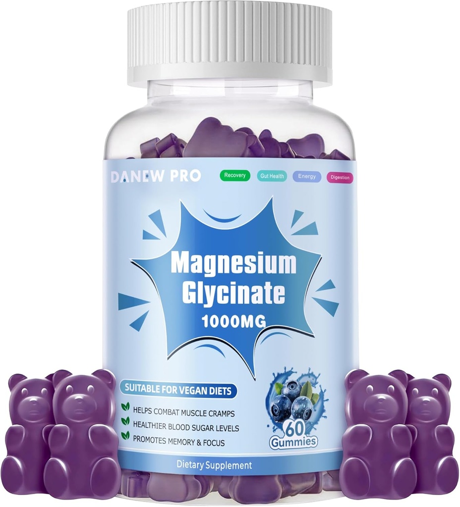 Magnesium Glycinate Gummies 1000mg - Sugar Free Magnesium Potassium Supplement with Vitamin D, B6, CoQ10 for Calm Mood & Sleep Support - 60 Blueberry Gummies