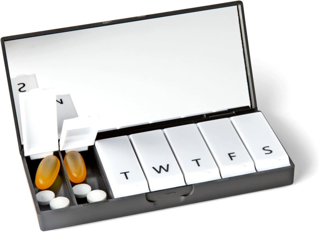 PORT X POLISH Designer Weekly Pill Box Organizer (Single 1X Daily, Classic Black) Medical 124; Compact, Stilfuld 7-Day Vitamin supplement sag; 124; Cute Portable Mini Travel Medicine Carrier Medicine Carrior 124; BPA- Gratis Pillbox Caddy