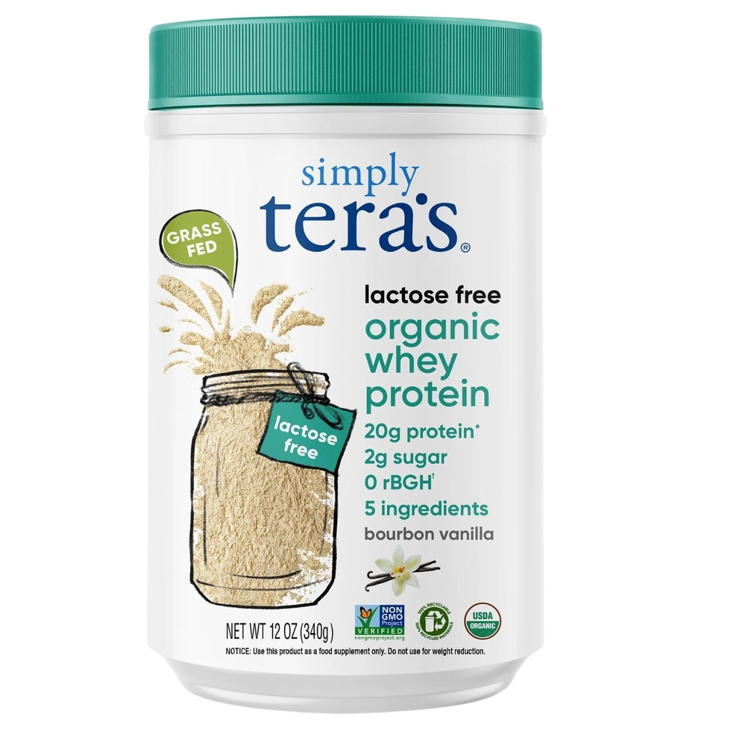 Simply tera 's Lactose Free Organic Whey Protein Powder - Lactose Free, Vanilla, 20g Protein Per Serving, Non- GMO, Gluten- Free, rBGH-Free, Kosher - 12 Oz