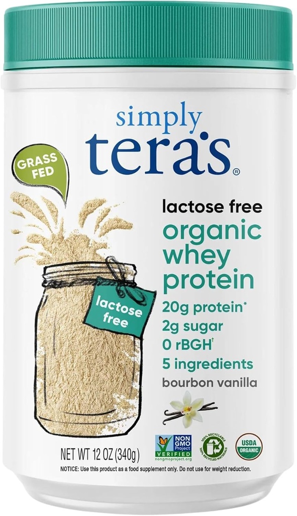Simply tera 's Lactose Free Organic Whey Protein Powder - Lactose Free, Vanilla, 20g Protein Per Serving, Non- GMO, Gluten- Free, rBGH-Free, Kosher - 12 Oz