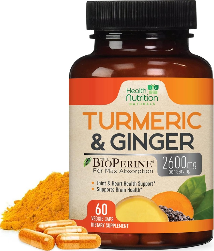 Gurkemeje Supplement 2600mg - med Økologisk Ginger & Gurkemeje, 95% Curcuminoider, BioPerine Black Pepper til Bedste Absorption, Nature 's Vegan Joint Support, Non- GMO, Flasket i USA - 60 Kapsler