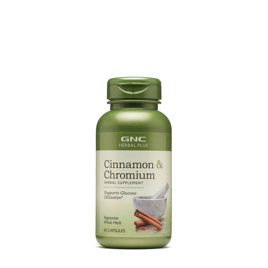 GNC Herbal Plus Cinnamon & Chrom Supplement, Vegetarisk, Understøtter Glucose Udnyttelse, 30 Servere