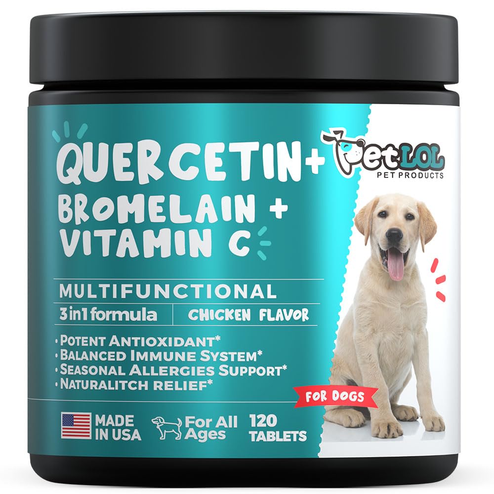 Quercetin til hunde med bromelain & C-vitamin - Allergi & Itch Relief, immunforsvar & inflammatorisk support - 120 tyggetabletter Made i USA