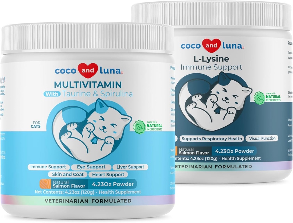 Lysin + Multivitamin til katte - immunforsvar, hud og coat sundhed, øjenstøtte - med EPA og DHA, Taurine og Spirulina