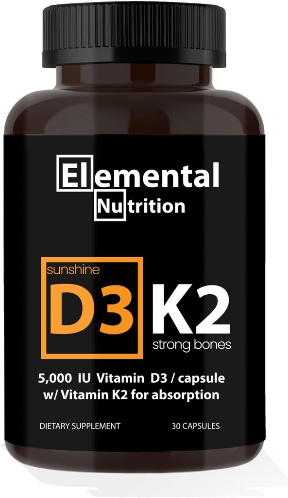 Vitamin K2 med D3 Extra Strength Supplement Knoglemasse 124; Heart Health Non- GMO Formel 5000 IE D3 125 mcg & 100 mcg K2 Vitamin 124; Let at synke vitamin K & D, 30 kapsler.