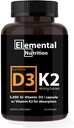Vitamin K2 med D3 Extra Strength Supplement Knoglemasse 124; Heart Health Non- GMO Formel 5000 IE D3 125 mcg & 100 mcg K2 Vitamin 124; Let at synke vitamin K & D, 30 kapsler.