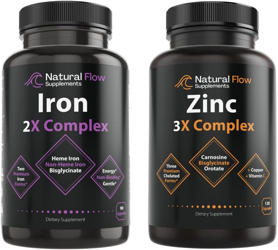 Zinktilskud Kompleks med kobber og C-vitamin - Natural Flow 3X Zink Carnosin og Jern Supplement 2-in-1 Kompleks - Natural Flow 2X Heme og Chelated Non Heme Iron Bisglycinate