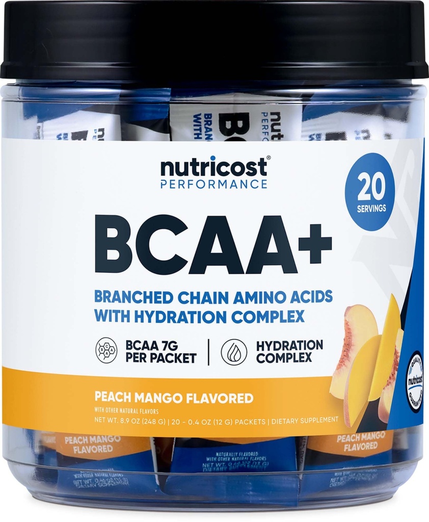 Nutricost BCAA + Hydration Peach Mango Flavor (20 stickpacks) - Forgrenet kæde Aminosyrer med Hydration Complex - Gluten- fri, ikke-GMO