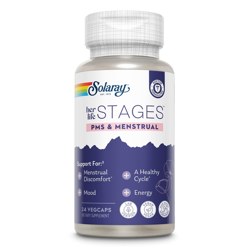 Solaray PMS & Menstrual hendes liv STAGES - PMS Support for kvinder med krampe Bark, Vitex Chasteberry - Made without Hormones - 60- Day Garanti - Vegan, Lab Verified - 24 Servere, 24 VegCaps