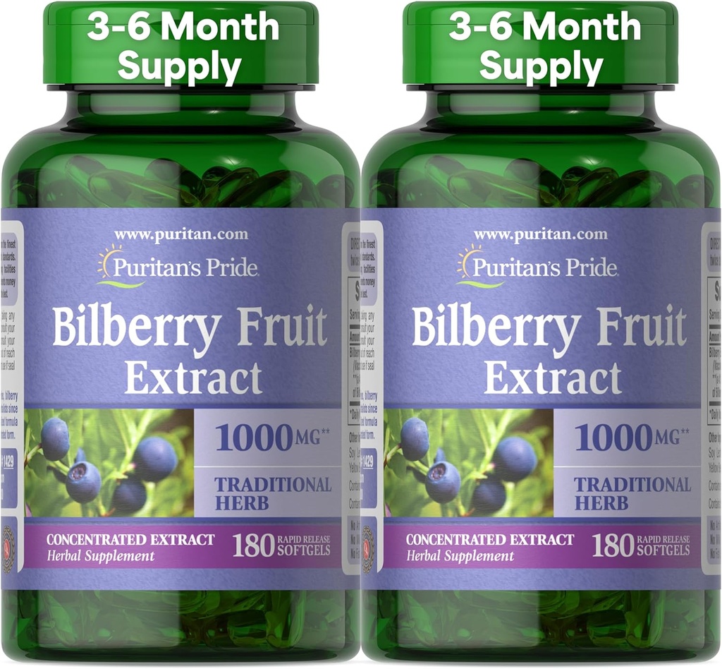 Puritan 's Pride Premium Bilberry Fruit Extract 250 mg (1000 mg ækvivalent), 4: 1 Koncentreret Traditional Herbal Supplement, C-vitamin, 3 til 6 måneder Supply, 180 Rapid Release Softels 2- Pack