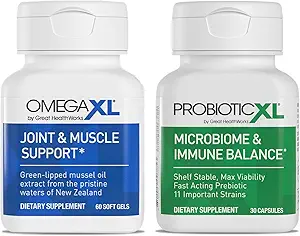 OmegaXL Powerful Joint and Muscle Support Supplement (60 Greve) & Probiotic XL - PreforPro, DE111, Hylde Stabil - Fremme sund Gut Flora vækst (30 Veggie caps)