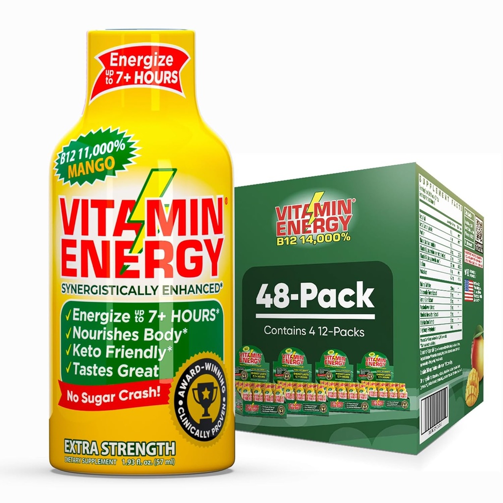 Vitamin energi B12 11.000% Ekstra styrke energi Shot Mango 48 Pack, 260mg Naturlig Koffein, B12 & B6, Nootrope Focus, Vitality, Zero Sugar, Gluten- Free, Vegan, Kosher, 1.93 fl oz