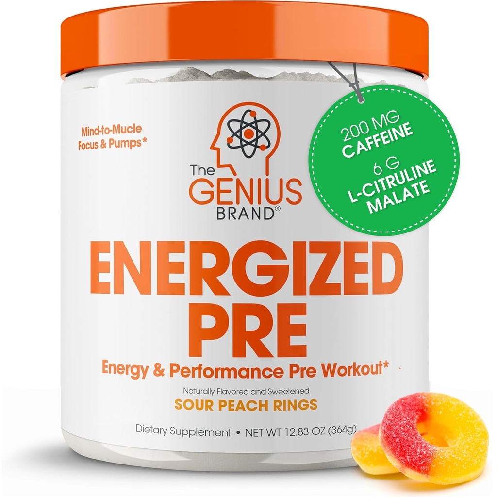 Genius Energized Pre Workout Powder - Koffein Infunded Pre- Workout Booster tillæg med Beta Alanine & Alpha GPC, Ingen kunstige sødestoffer eller Farvestoffer - 200mg Koffein, 20 Servere, Sour Peach Rings
