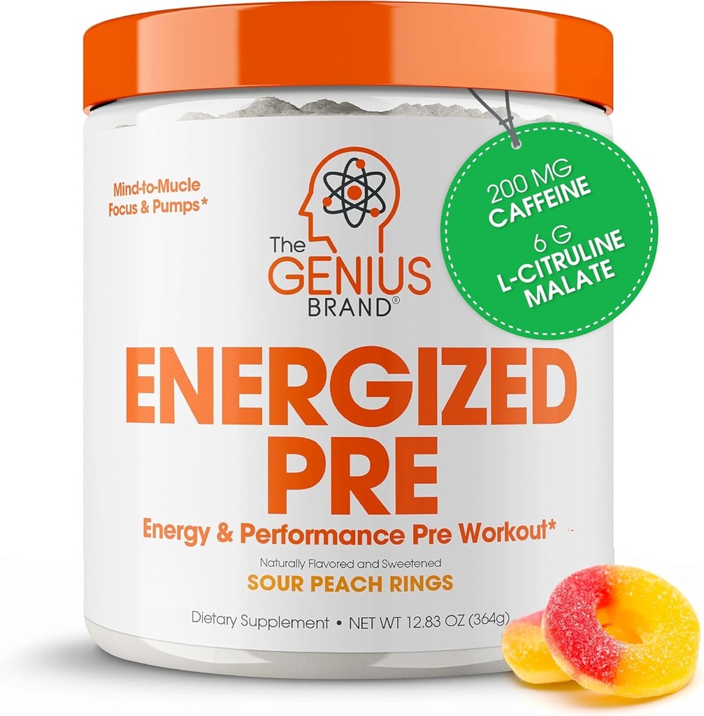 Genius Energized Pre Workout Powder - Koffein Infunded Pre- Workout Booster tillæg med Beta Alanine & Alpha GPC, Ingen kunstige sødestoffer eller Farvestoffer - 200mg Koffein, 20 Servere, Sour Peach Rings