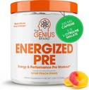 Genius Energized Pre Workout Powder – Caffeine Infused Pre-Workout Booster Supplement with Beta Alanine & Alpha GPC, No Artificial Sweeteners or Dyes - 200mg Caffeine, 20 Servings, Sour Peach Rings