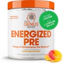 Genius Energized Pre Workout Powder - Koffein Infunded Pre- Workout Booster tillæg med Beta Alanine & Alpha GPC, Ingen kunstige sødestoffer eller Farvestoffer - 200mg Koffein, 20 Servere, Sour Peach Rings